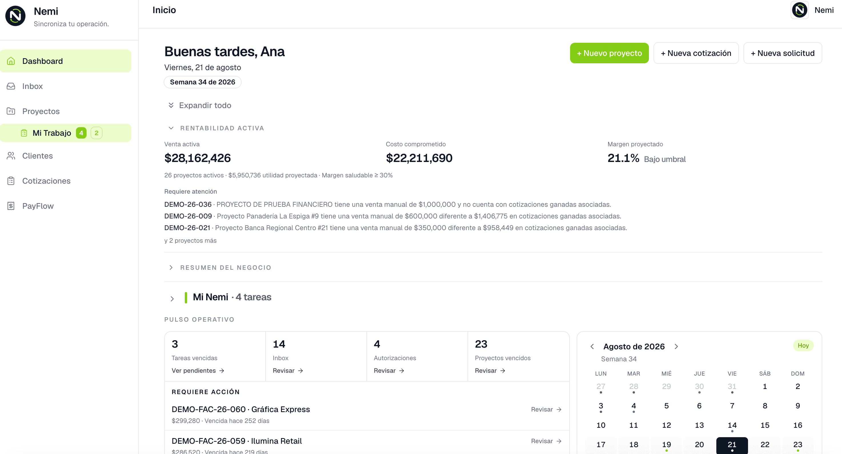 Dashboard de Nemi con proyectos, tareas y señales operativas