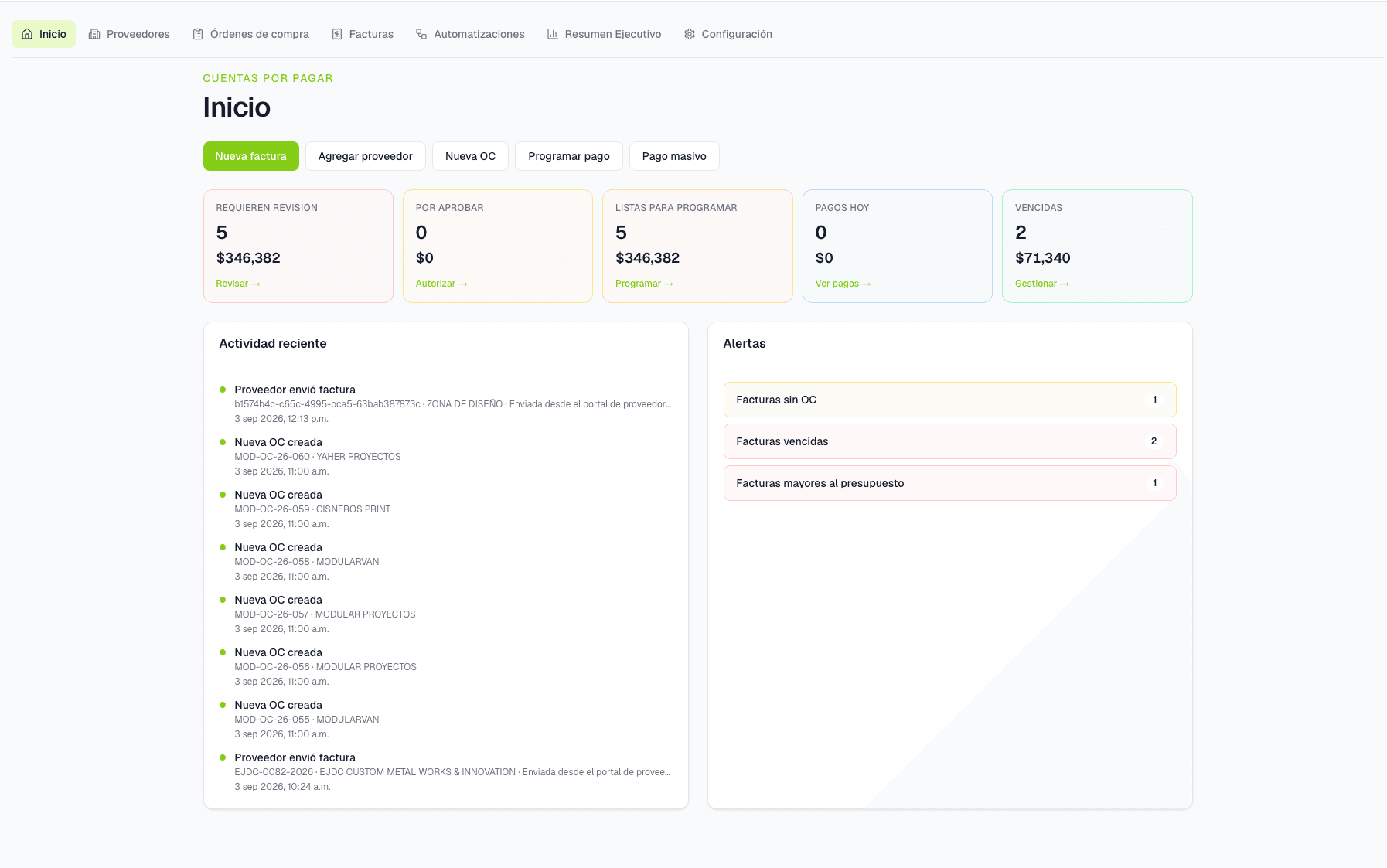 PayFlow en Nemi — vista de cuentas por pagar y compromisos con proveedores