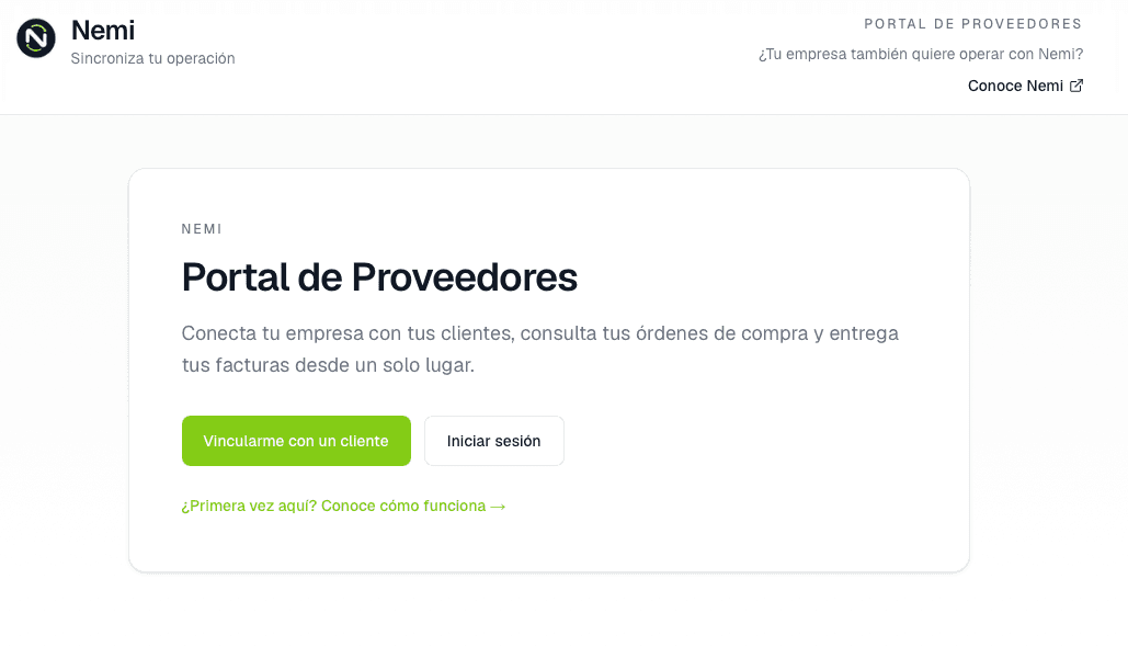 Portal de proveedores de Nemi con órdenes de compra y carga de facturas