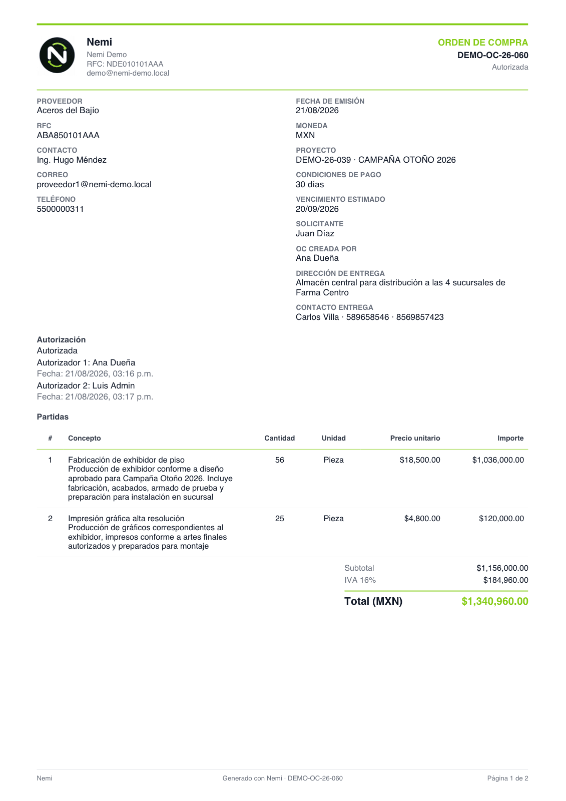 Orden de compra DEMO-OC-26-060 para Aceros del Bajío generada en Nemi