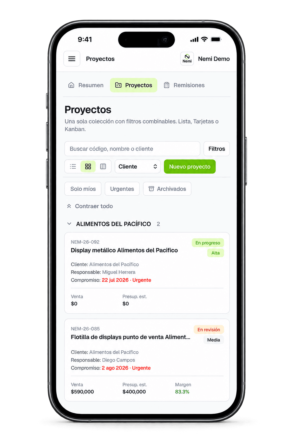 Nemi en iPhone con proyectos y tareas